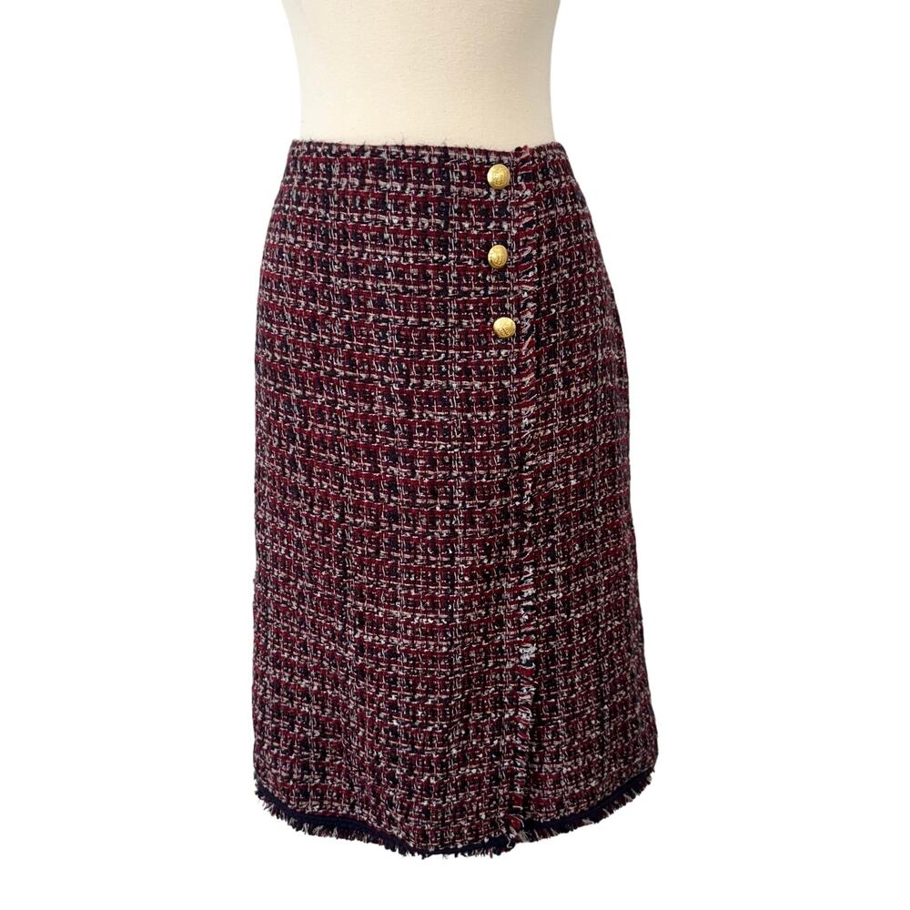 Talbots Tweed Fringe Faux Wrap Button Pencil Skirt Plaid | 12 NWT